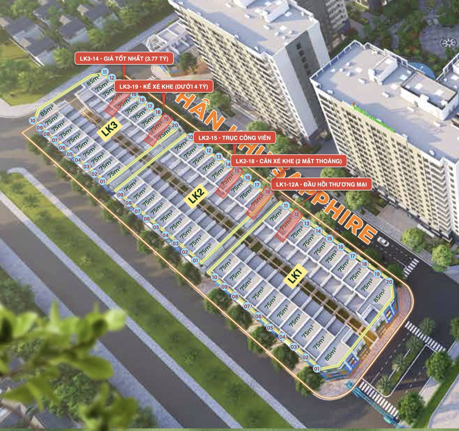 5 Căn Nhà Phố Liền Kề IEC Đáng Xem Nhất Dự Án 2 Sơ đồ mặt bằng phân khu nhà phố liền kề IEC Quy Nhơn thể hiện vị trí 5 căn tiêu biểu LK3-14, LK2-18, LK1-12A, LK3-19 và LK2-15