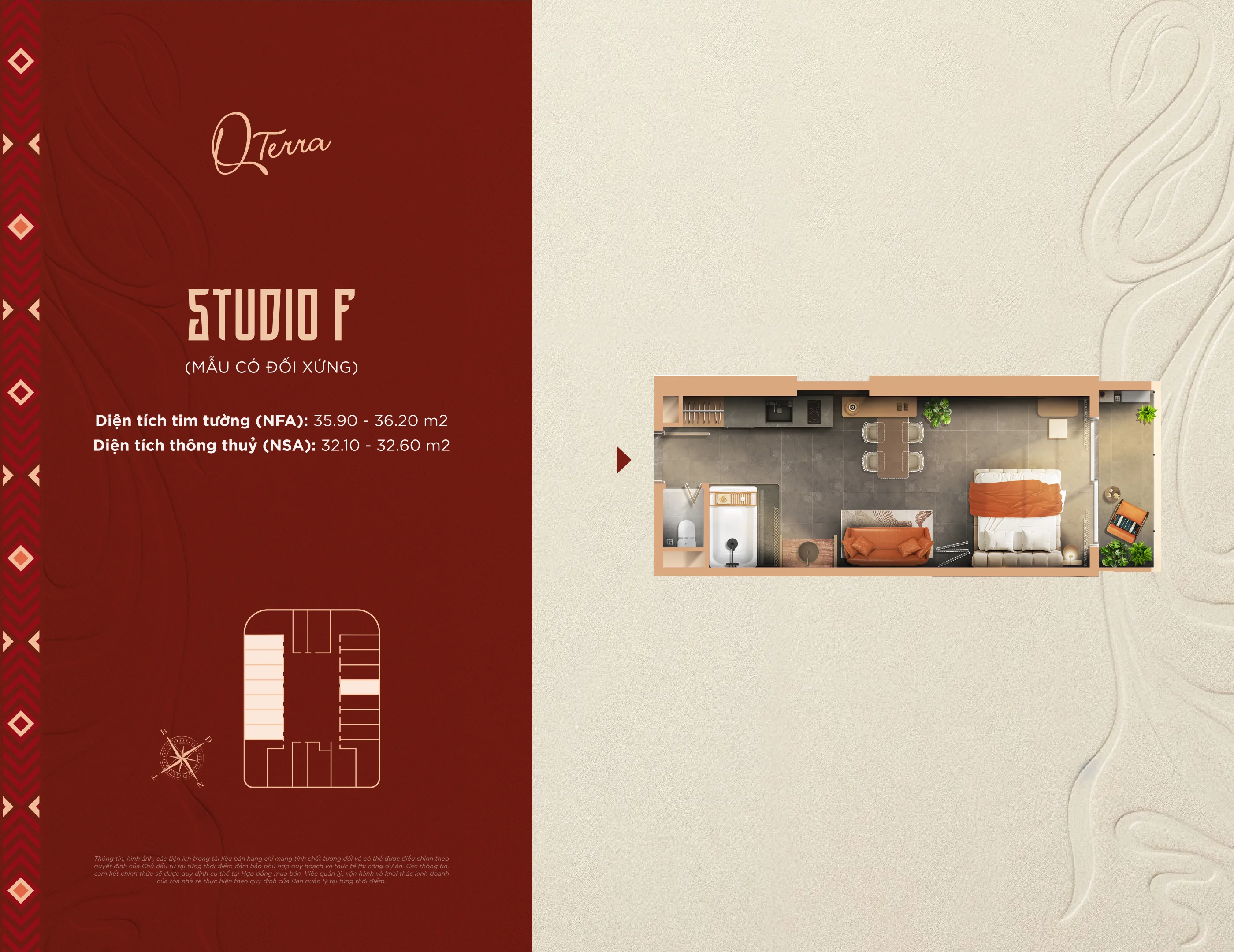 Căn Hộ Studio Q’Terra Quy Nhơn: Chi tiết 3 layout Studio, Studio F & Studio F+ 2 Mặt bằng căn hộ Studio F dự án Q’Terra Quy Nhơn