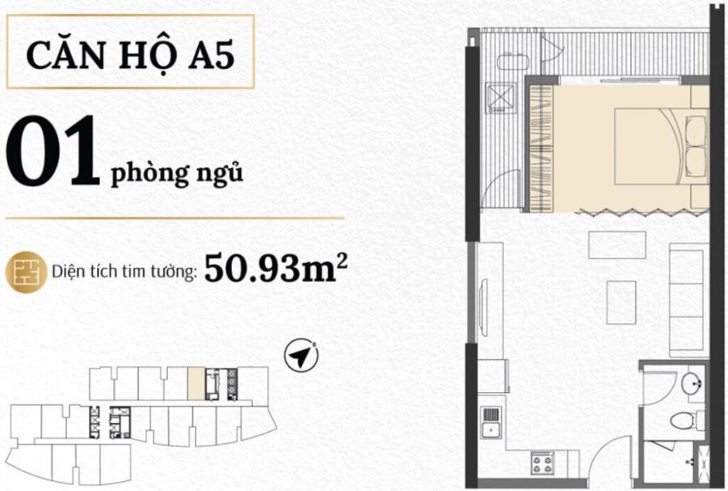 Thiết kế căn hộ A5 một phòng ngủ diện tích tim tường 50,93 mét vuông