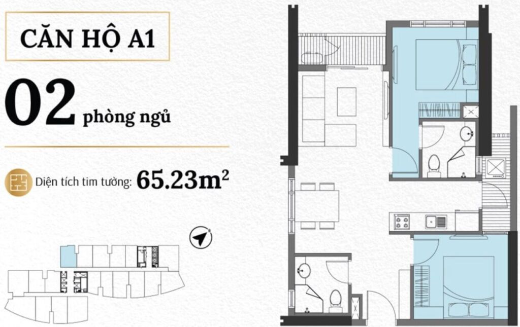 Thiết kế căn hộ A1 hai phòng ngủ diện tích tim tường 65,23 mét vuông