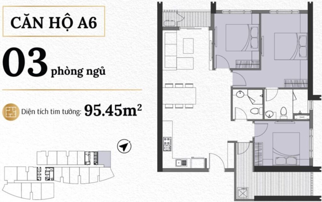Thiết kế căn hộ A6 ba phòng ngủ diện tích tim tường 95,45 mét vuông