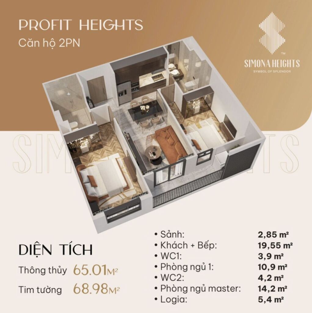 Simona Heights 12 Thiết kế 3D của căn 2 phòng ngủ