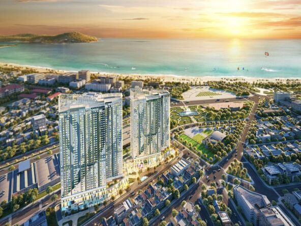 Phối cảnh tổng thể trên cao dự án The Sailing Quy Nhơn hướng ra vịnh biển