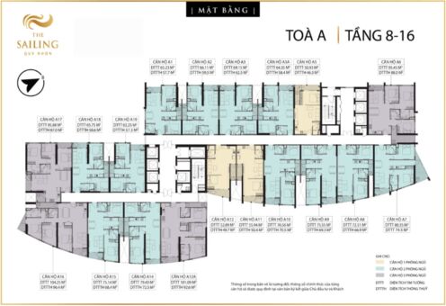Sơ đồ mặt bằng căn hộ Tòa A tầng 8-16 kèm hướng Bắc The Sailing Quy Nhơn