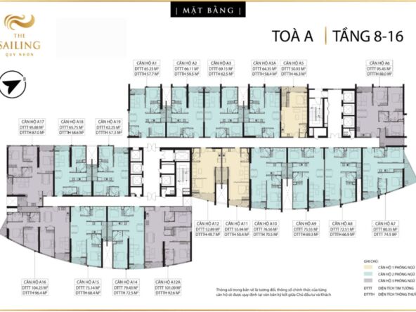 Sơ đồ mặt bằng căn hộ Tòa A tầng 8-16 kèm hướng Bắc The Sailing Quy Nhơn