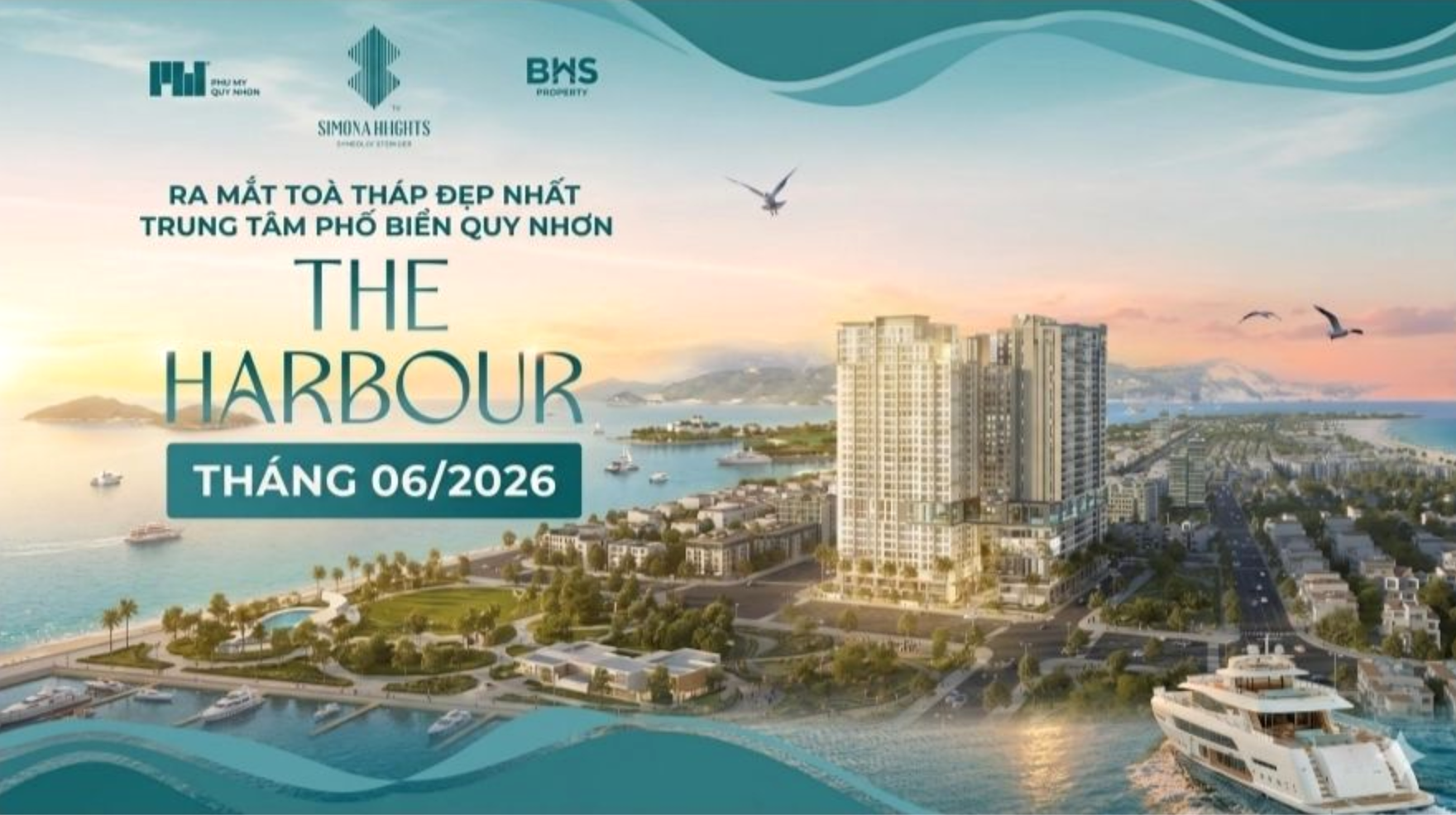 Phối cảnh chính thức tòa tháp The Harbour Quy Nhơn thuộc tổ hợp căn hộ hạng sang Simona Heights 145A Trần Hưng Đạo. Mở bán đợt 1 tháng 6/2026 sở hữu lâu dài.