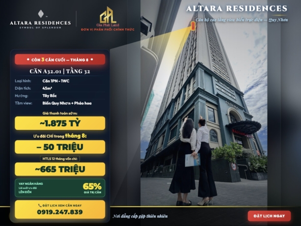 Chung cư 1 phòng ngủ Quy Nhơn dưới 2 tỷ Altara A32.01