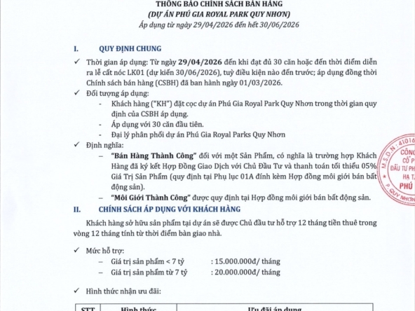 Văn bản chính sách hỗ trợ tiền thuê nhà 12 tháng áp dụng tại Phú Gia Royal Park
