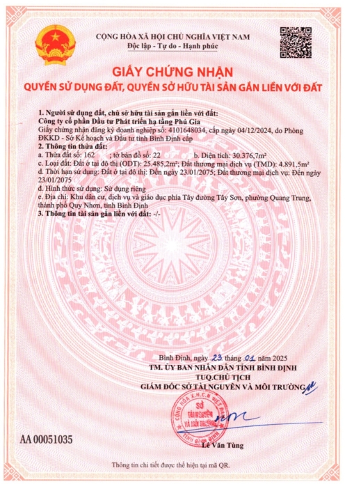 Giấy chứng nhận quyền sử dụng đất số CT00018 toàn dự án Phú Gia Royal Park do Sở TNMT cấp