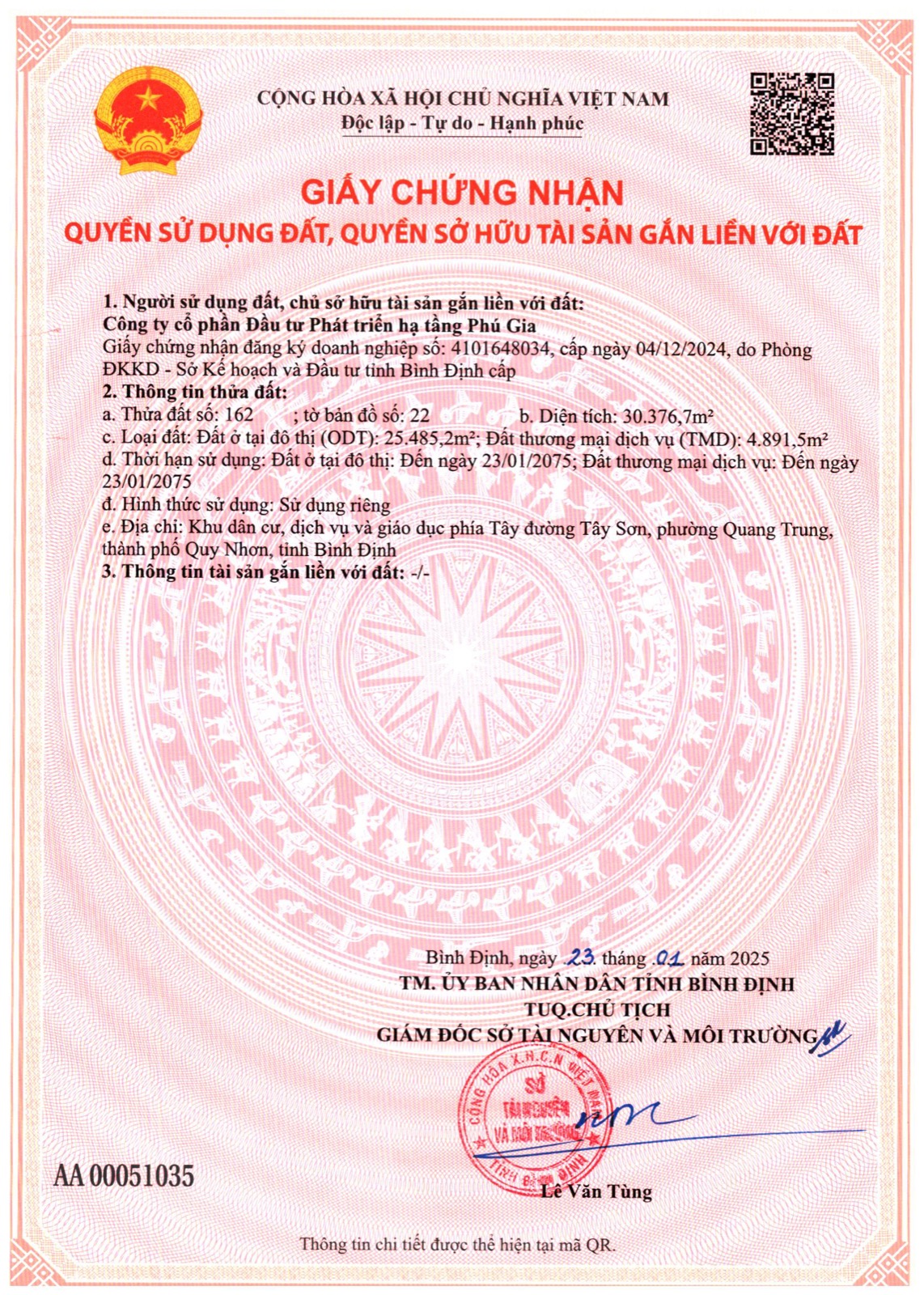 Giấy chứng nhận quyền sử dụng đất số CT00018 toàn dự án Phú Gia Royal Park do Sở TNMT cấp