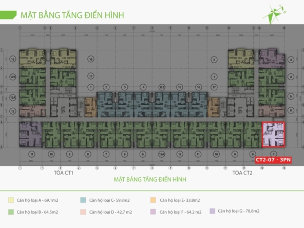 Vị trí căn góc 3 phòng ngủ CT2-07 77,7 m² hướng Đông Nam nổi bật sáng trên mặt bằng EcoLife Riverside