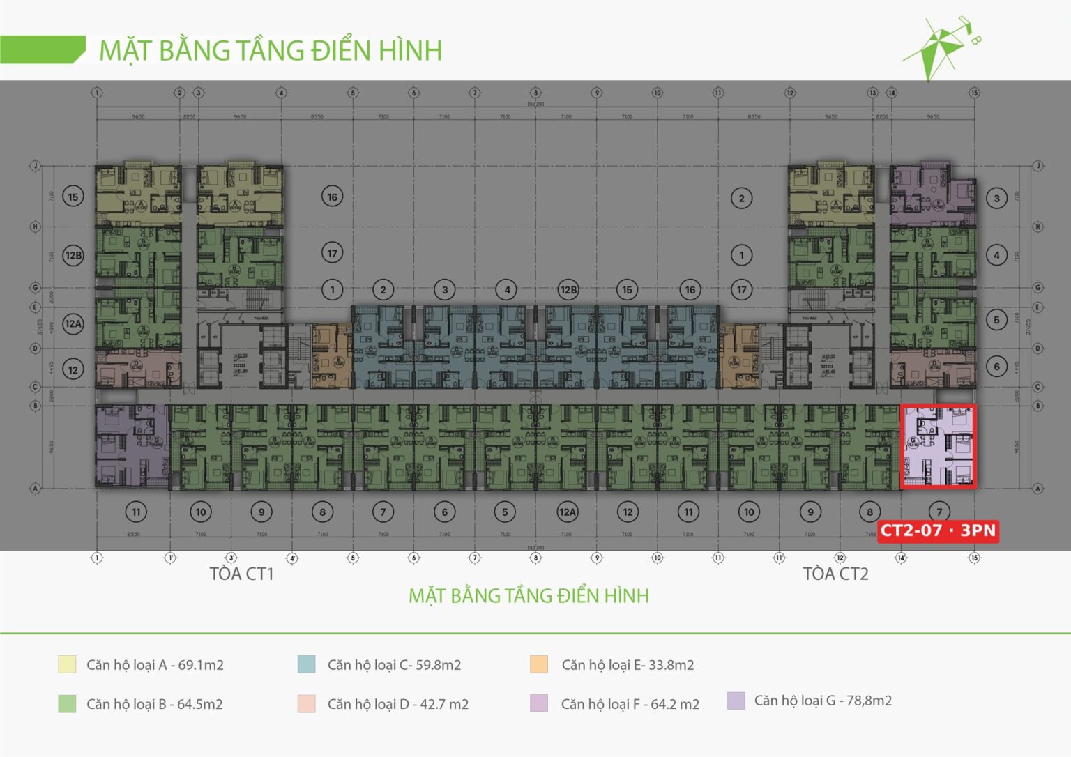 Vị trí căn góc 3 phòng ngủ CT2-07 77,7 m² hướng Đông Nam nổi bật sáng trên mặt bằng EcoLife Riverside