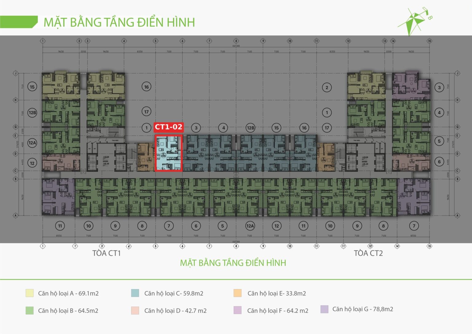 Vị trí căn CT1-02 2 phòng ngủ 59,1 m² tầng 24 giá thấp nhất nổi bật sáng trên mặt bằng EcoLife Riverside, các căn khác chìm đi