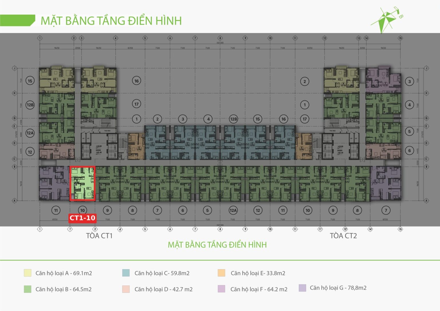 Vị trí căn CT1-10 2 phòng ngủ 63,8 m² hướng Đông Nam nổi bật sáng trên mặt bằng EcoLife Riverside, các căn khác chìm đi