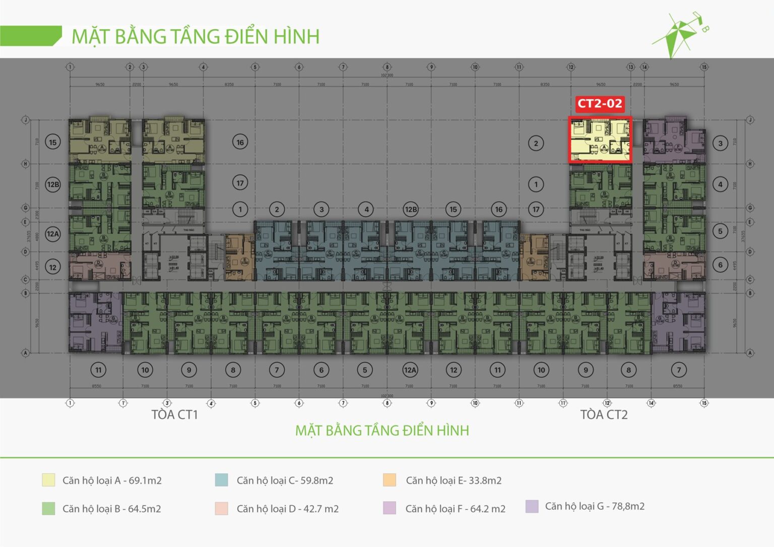 Vị trí căn góc CT2-02 2,5 phòng ngủ 68,3 m² nổi bật sáng trên mặt bằng EcoLife Riverside, các căn khác chìm đi