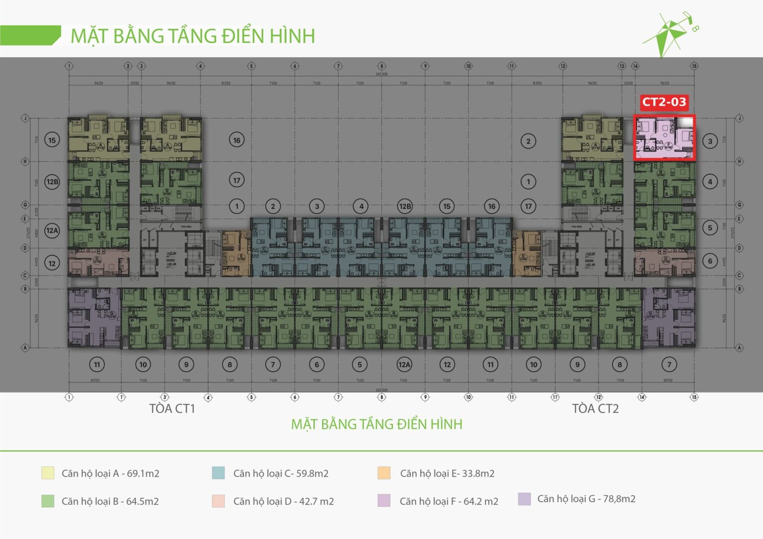 Vị trí căn góc CT2-03 2 phòng ngủ 63,3 m² tầng 23 nổi bật sáng trên mặt bằng EcoLife Riverside, các căn khác chìm đi
