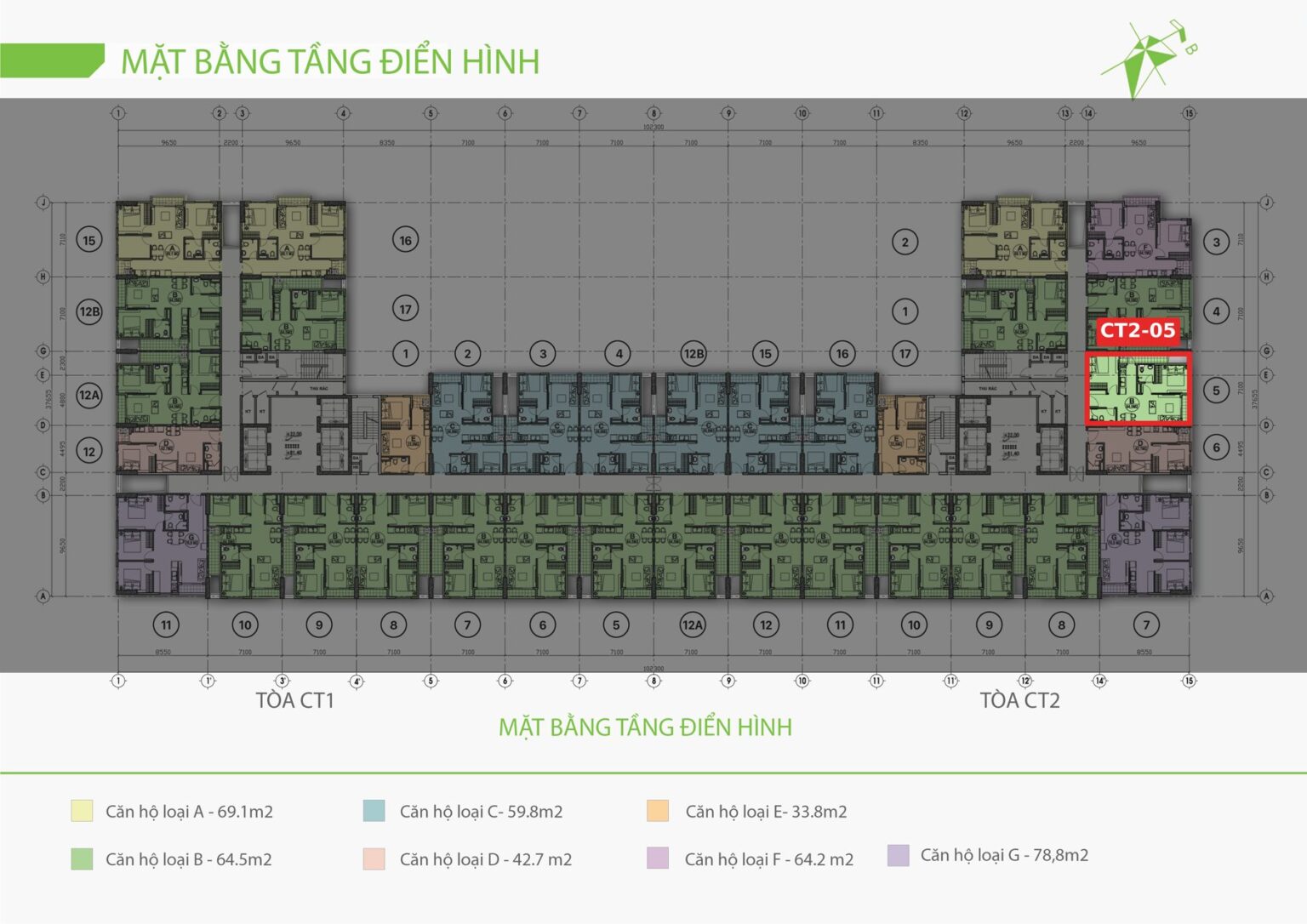 Vị trí căn CT2-05 2 phòng ngủ 63,8 m² tầng 25 hướng Đông Bắc nổi bật sáng trên mặt bằng EcoLife Riverside, các căn khác chìm đi