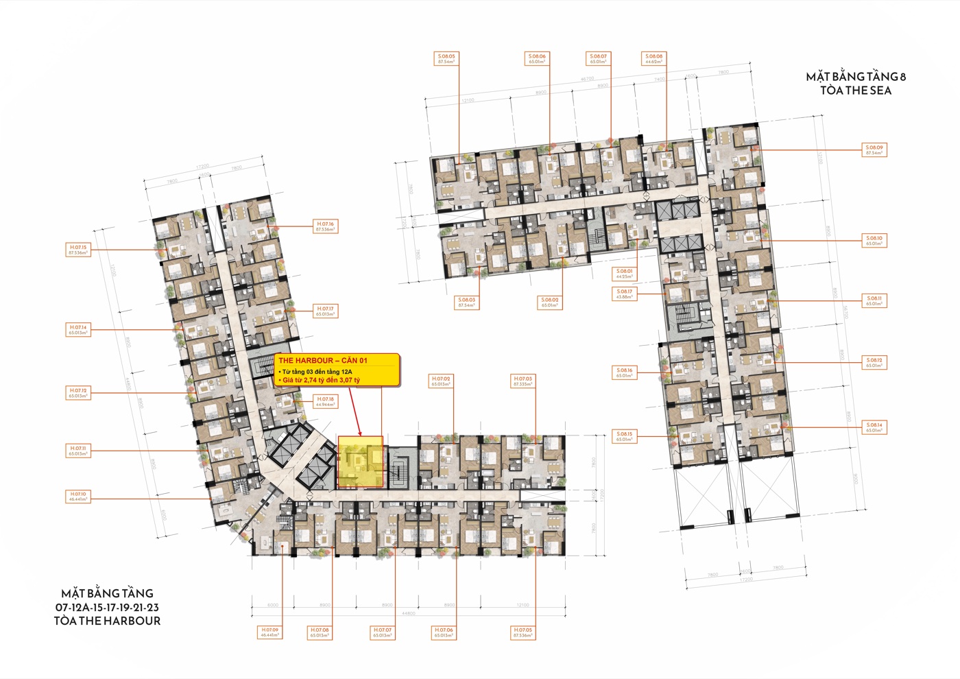Vị trí căn 01 1 phòng ngủ hướng Đông Nam nổi bật sáng trên mặt bằng The Harbour Simona Heights Quy Nhơn