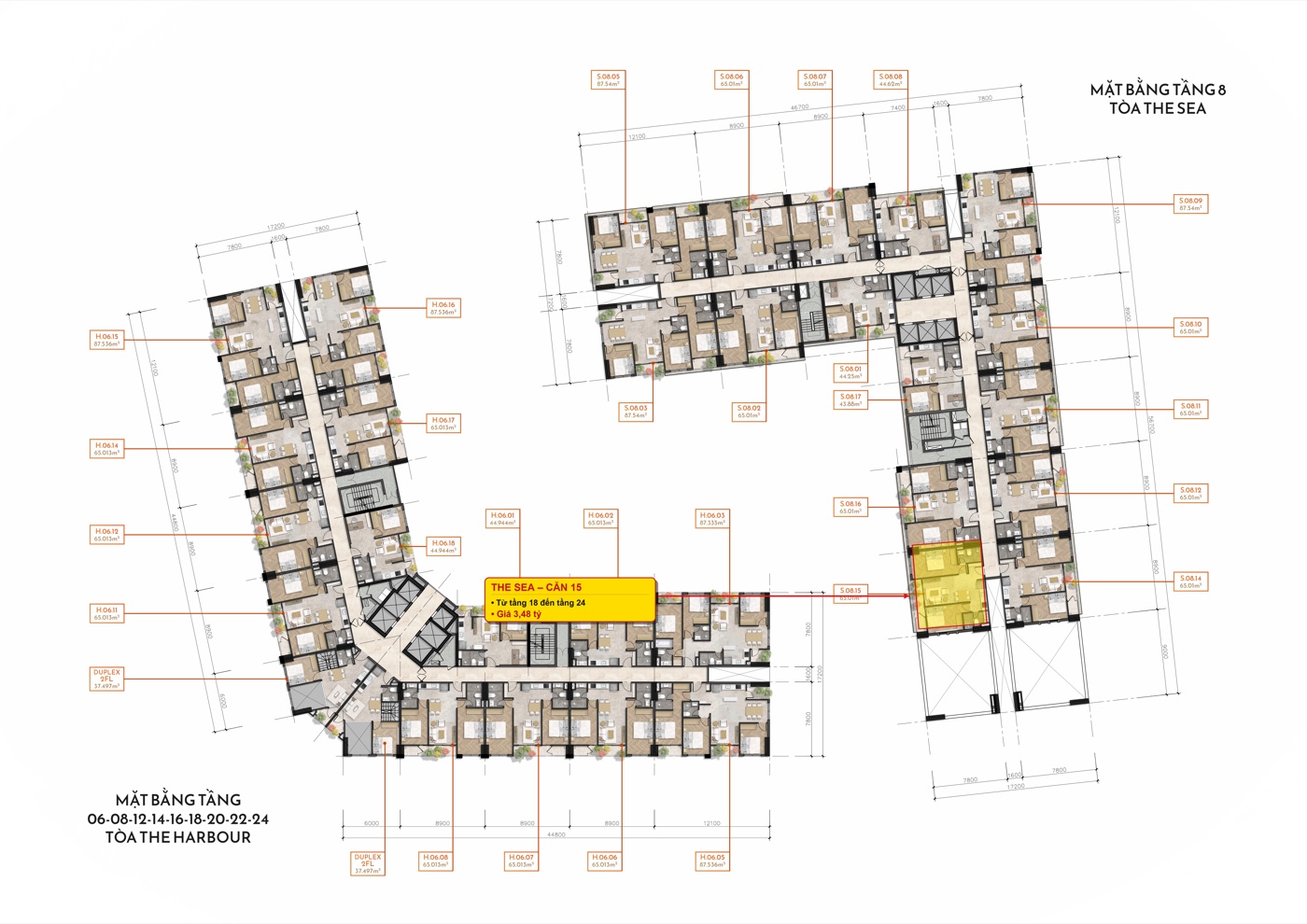 Vị trí căn 15 2 phòng ngủ tầng cao nổi bật sáng trên mặt bằng The Sea Simona Heights Quy Nhơn