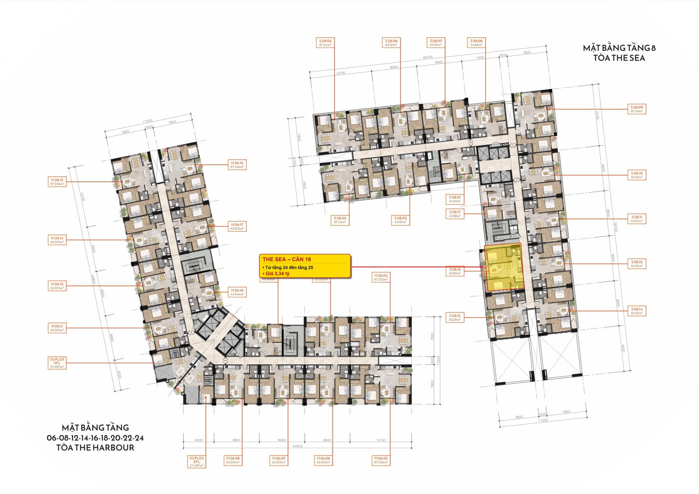 Vị trí căn 16 2 phòng ngủ nổi bật sáng trên mặt bằng The Sea Simona Heights Quy Nhơn