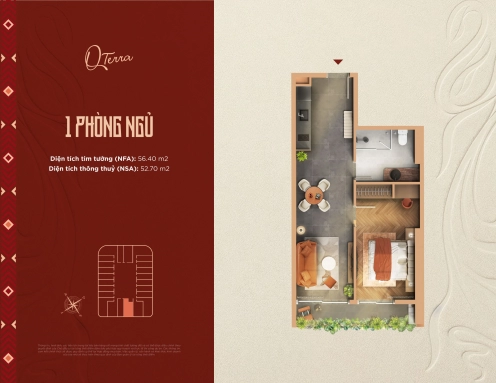Mặt bằng layout căn hộ 1 phòng ngủ Q’Terra Quy Nhơn