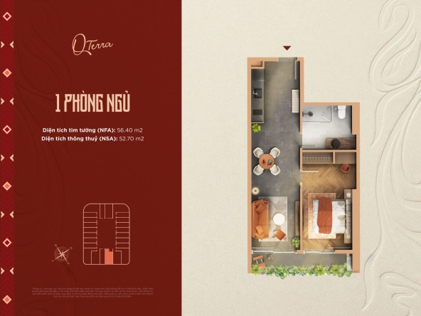 Mặt bằng layout căn hộ 1 phòng ngủ Q’Terra Quy Nhơn