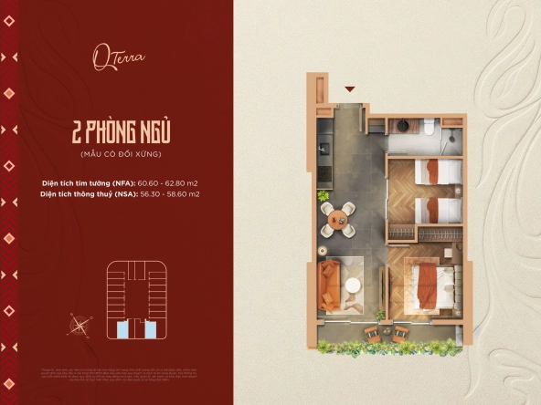 Mặt bằng layout căn hộ 2 phòng ngủ Q’Terra Quy Nhơn