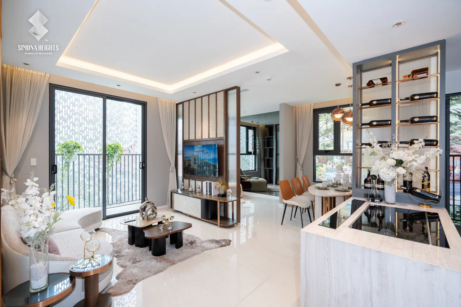 Ảnh căn hộ mẫu 3 phòng ngủ Simona Heights với phòng khách và bàn ăn