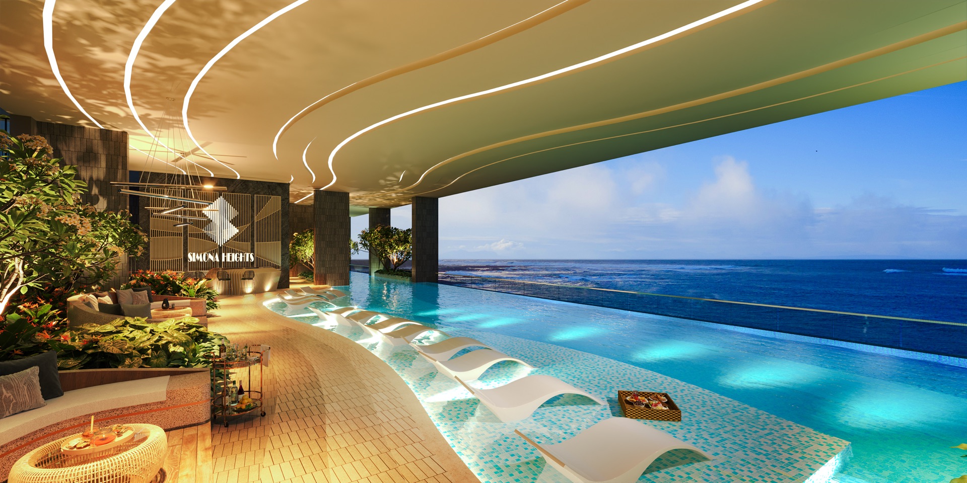 Không gian Lounge và hồ bơi vô cực trên cao tại căn hộ Simona Heights Quy Nhơn